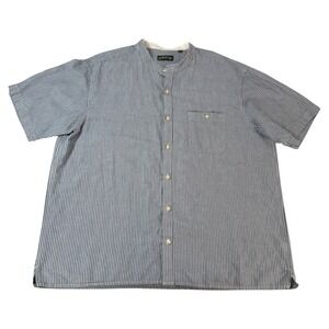 ORVIS Mens Striped Band Collar Blue Linen Cotton Short Sleeve Button Up Shirt XL